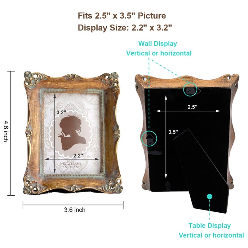CISOO 2.5x3.5 Small Vintage Picture Frame, Antique Bronze Gold Ornate Wallet Size Photo Frame, Tabletop and Wall Display, Retro Home Decor - Image 3